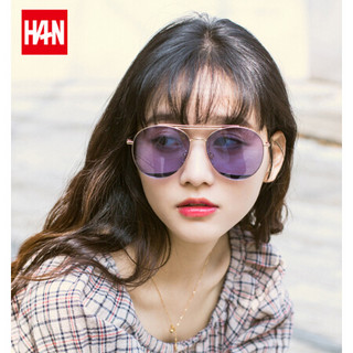 汉（HAN）2018新款太阳镜女潮流复古炫彩膜潮墨镜驾驶镜眼镜圆脸 52062 59120金框金