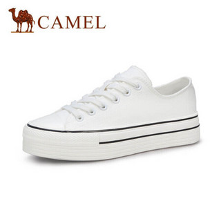 骆驼（CAMEL） 女士 简约百搭纯色圆头系带厚底帆布鞋 A01228634 白色 39