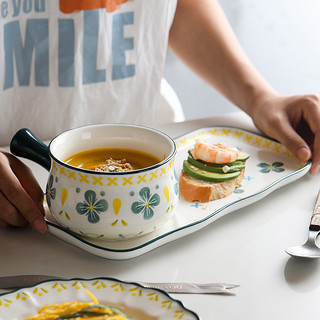 蓝莲花创意早餐餐具套装一人食可爱碗燕麦碗手柄碗早餐碗盘分格盘