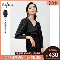 伊芙丽减龄显瘦连衣裙2020新款春秋装V领复古格子设计感小众裙子