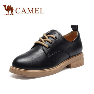 骆驼（CAMEL）女鞋 简约百搭牛皮系带木头纹粗跟小皮鞋 A031536184 黑色 39