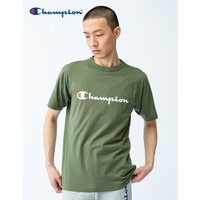  Champion情侣款夏季印花草写LOGO圆领短袖T恤男女 深绿色 S