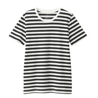 無印良品 MUJI 無印良品 女式 印度棉天竺编织 圆领短袖T恤 白色X条纹 S