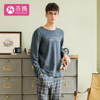 FENTENG 芬腾 睡衣男纯棉柔软格纹款秋冬长袖套头英文男士家居服Q9981732377 深灰兰 XXL