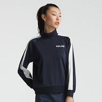 KELME/卡尔美2020新款插肩袖撞色条纹卫衣女清爽梭织高领休闲上衣 藏青 L/165