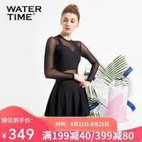 WATERTIME/蛙咚 2020新款游泳衣女连体显瘦遮肚性感保守网纱裙摆长袖防晒游泳装 黑色 XL