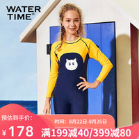 Watertime蛙咚 儿童泳衣 女童连体中大童小童长袖沙滩防晒女孩宝宝可爱泳衣 黄色小猫 身高152-164（12/14岁）