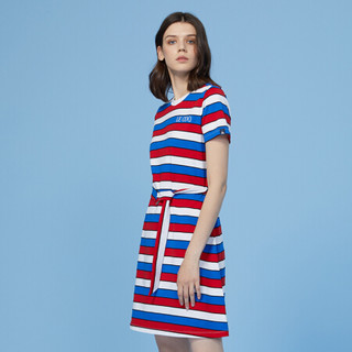 【20新品】乐卡克法国公鸡三色条纹设计简洁优雅连衣裙女 蓝白红 L