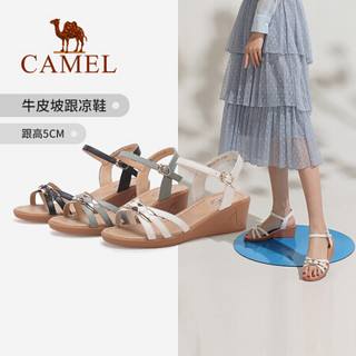 骆驼（CAMEL） 女鞋 舒适休闲牛皮一字扣饰坡跟凉鞋 A02221636 黑色 35