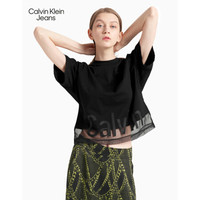 CK JEANS 2020秋冬新款 女装简约LOGO网纱圆领短袖T恤 J214747 BEH-黑色 S
