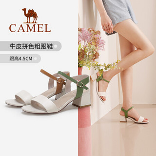 骆驼（CAMEL） 女鞋 时尚摩登牛皮撞色一字带中跟凉鞋 A02515695 米白/绿 36