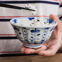美浓烧 日本进口陶瓷 精致高脚防烫米饭碗 日式和风餐具 家用单个碗4.5英寸 青立花青花高脚碗