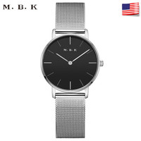 MBK【新品】美国品牌进口手表女时尚简约石英表学生表文艺小表盘防水钢带女表 本色黑面钢带