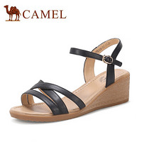 骆驼（CAMEL） 女士 简约柔软牛皮一字扣坡跟凉鞋 A02221638 黑色 39