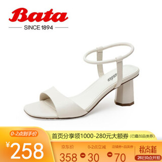 Bata时装凉鞋仙女风2020夏新款方头一字带真羊皮粗高跟鞋16101BL0纯色粗跟简约 米白 36
