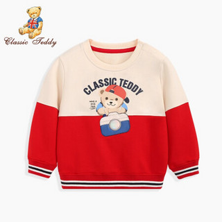 精典泰迪 Classic Teddy 男童卫衣男宝宝套头圆领上衣休闲外出服运动风百搭秋季 绣花破色小熊-大红 130