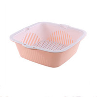 莱朗 双层沥水篮水果盆洗菜篮子 厨房塑料洗菜盆沥水盆洗水果篮蔬菜蓝淘米篮 方形粉色 大号
