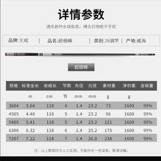 光威鱼竿手竿28调台钓竿 GW超细峰休闲5.4米超轻碳素超硬鲫竿6.3米竞技鲤鱼杆6.3米+竿稍+礼包