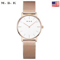 MBK【新品】美国品牌进口手表女时尚简约石英表学生表文艺小表盘防水钢带女表 玫瑰金白面钢带