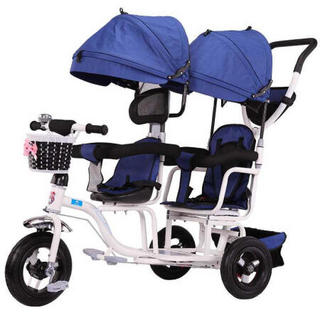 双人婴儿车前后可坐可躺双人三轮车儿童推车宝宝脚踏车童车大号1-3-6岁 黑蓝+双护栏+钛空轮