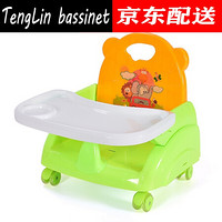 儿童餐桌椅板 便携式可折叠婴儿吃饭桌儿童靠背椅小凳子 橘绿色+餐盘+轮子