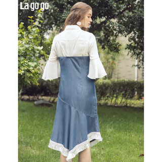 Lagogo/拉谷谷2019年夏季新品时尚女牛仔吊带连衣裙IALL134C31 靛蓝色（N0） 160/M/38