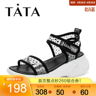 Tata/他她专柜同款拼接波点胶片一字带厚底女凉鞋IRF01BL9 黑色 39