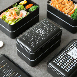 川岛屋 日式简约便当盒双层分格微波炉饭盒学生便当盒带筷子勺子便携餐盒W-75 FOOD