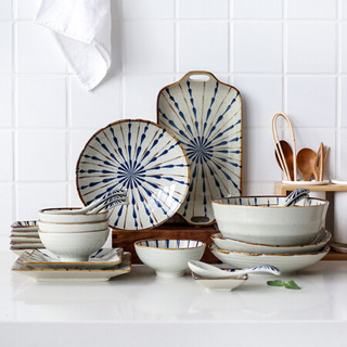 川岛屋 青蕾日式釉下彩陶瓷餐具套装家用碗碟套装碗碟盘勺子套碗 微波炉适用TZ-9 9件套(2人食)