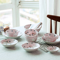 美浓烧（Mino Yaki） 美浓烧日式儿童餐具碗碟套装家用陶瓷4人可爱 蠟筆貓10頭套裝