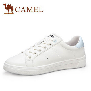 骆驼（CAMEL） 女士 休闲舒适牛皮圆头系带深口小白鞋 A01569622 米/蓝 36