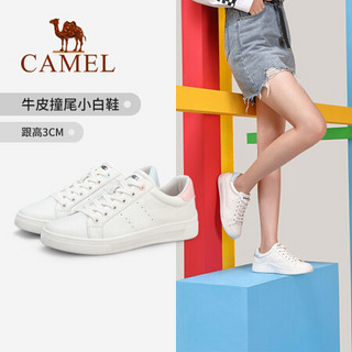 骆驼（CAMEL） 女士 休闲舒适牛皮圆头系带深口小白鞋 A01569622 米/蓝 36