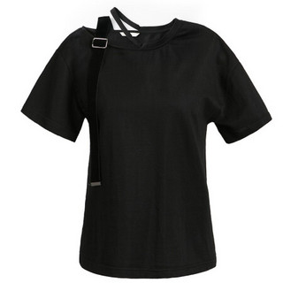 艾莱依2020夏季新款短袖T恤女宽松织带拼接个性恤半袖601823076 黑色 160/84A/M