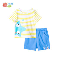 贝贝怡男童纯棉短袖套装夏季宝宝吸汗透气条纹上衣裤子 202T2046 浅黄 24个月/身高90cm