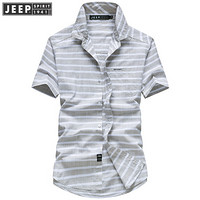 吉普JEEP 短袖衬衫男修身薄款夏秋商务休闲正装条纹衬衣上衣衣服 RSC0206 灰绿色 XL