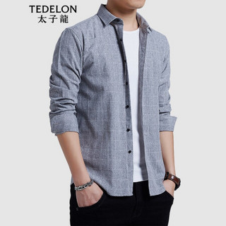 太子龙(TEDELON) 长袖衬衫男 格子韩版修身时尚上衣商务休闲翻领百搭衬衣男装T03101-86浅灰色2XL/41