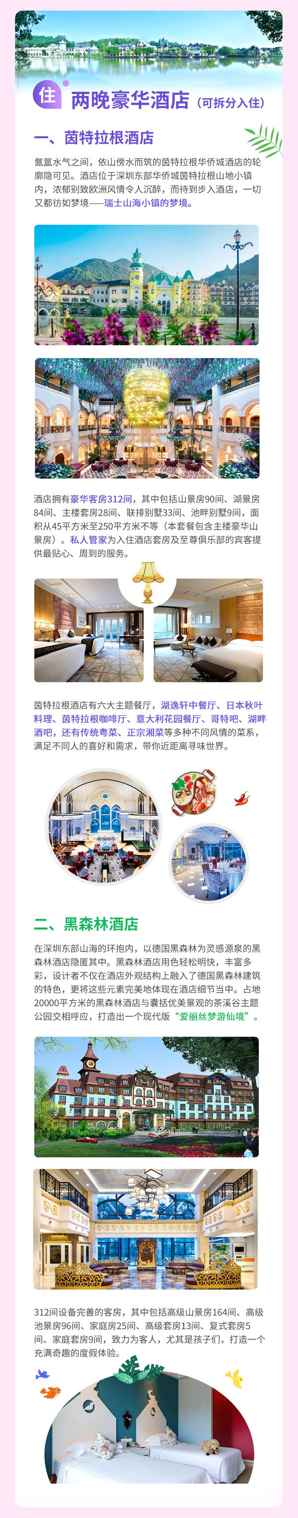 深圳东部华侨城黑森林酒店 高级房1晚+茵特拉根酒店 山景房1晚（含早餐+景区2日游+温泉票）