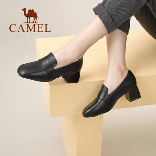 骆驼（CAMEL）女鞋 气质御姐风牛皮一字带装饰套脚中跟单鞋 A030076221 黑色 36