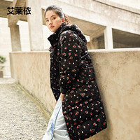 【秋尚新】艾莱依羽绒服2020新款女中长款秋冬可拆卸轻薄大廓形百变白鸭绒羽绒长大衣 黑色底花 155