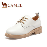 骆驼（CAMEL）女鞋 简约百搭牛皮系带木头纹粗跟小皮鞋 A031536184 米白 38