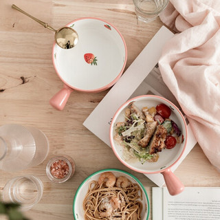 竹木本记 创意手柄碗家用面碗烤碗烤箱用烘焙甜品碗日式沙拉碗焗饭碗 粉色草莓手柄碗