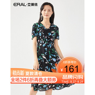 艾莱依2020年春夏新款时尚印花雪纺裙收腰显瘦连衣裙6019AA28106 黑底色花 155