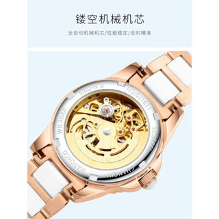 2020新款冠琴（GUANQIN）手表女士全自动机械表女 时尚潮流镂空腕表简约防水气质水钻学生女表 蝴蝶款红皮带