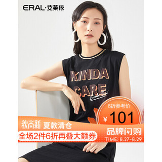 艾莱依2020年春夏新款时尚印花连衣裙无袖字母中长裙6019AA28195 炭黑 165