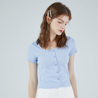 拉夏贝尔旗下女式T恤夏季新款气质轻熟修身圆领短袖短款体恤上衣 L 蓝色
