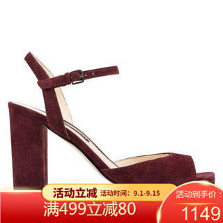 玖熙Nine West女鞋粗跟防水台脚踝系扣凉鞋716182 Wine Suede 10.5M