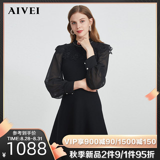 AIVEI欣贺艾薇2020秋冬新蕾丝拼接雪纺袖收腰针织连衣裙M0660075