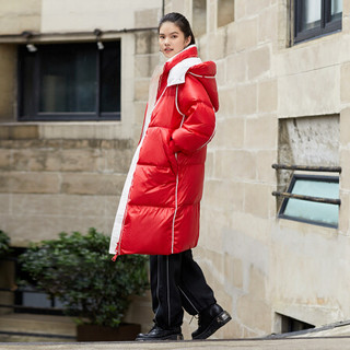 艾莱依2020秋冬新款时尚羽绒服女长款撞色条纹加厚动感廓形大衣 里约红 160