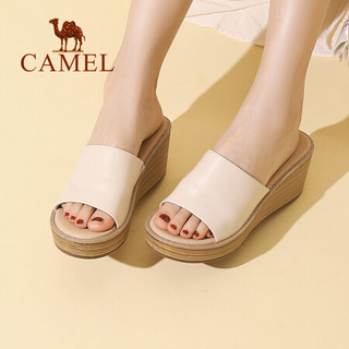 骆驼（CAMEL） 女鞋 气质简约一片式牛皮坡跟凉拖鞋 A020076191 米白 40