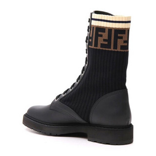 芬迪 FENDI FW20秋冬 Rockoko女士FF图案织物拼接皮革骑士短靴马丁靴 8T6780 A3H4 F13MC 黑色 35
